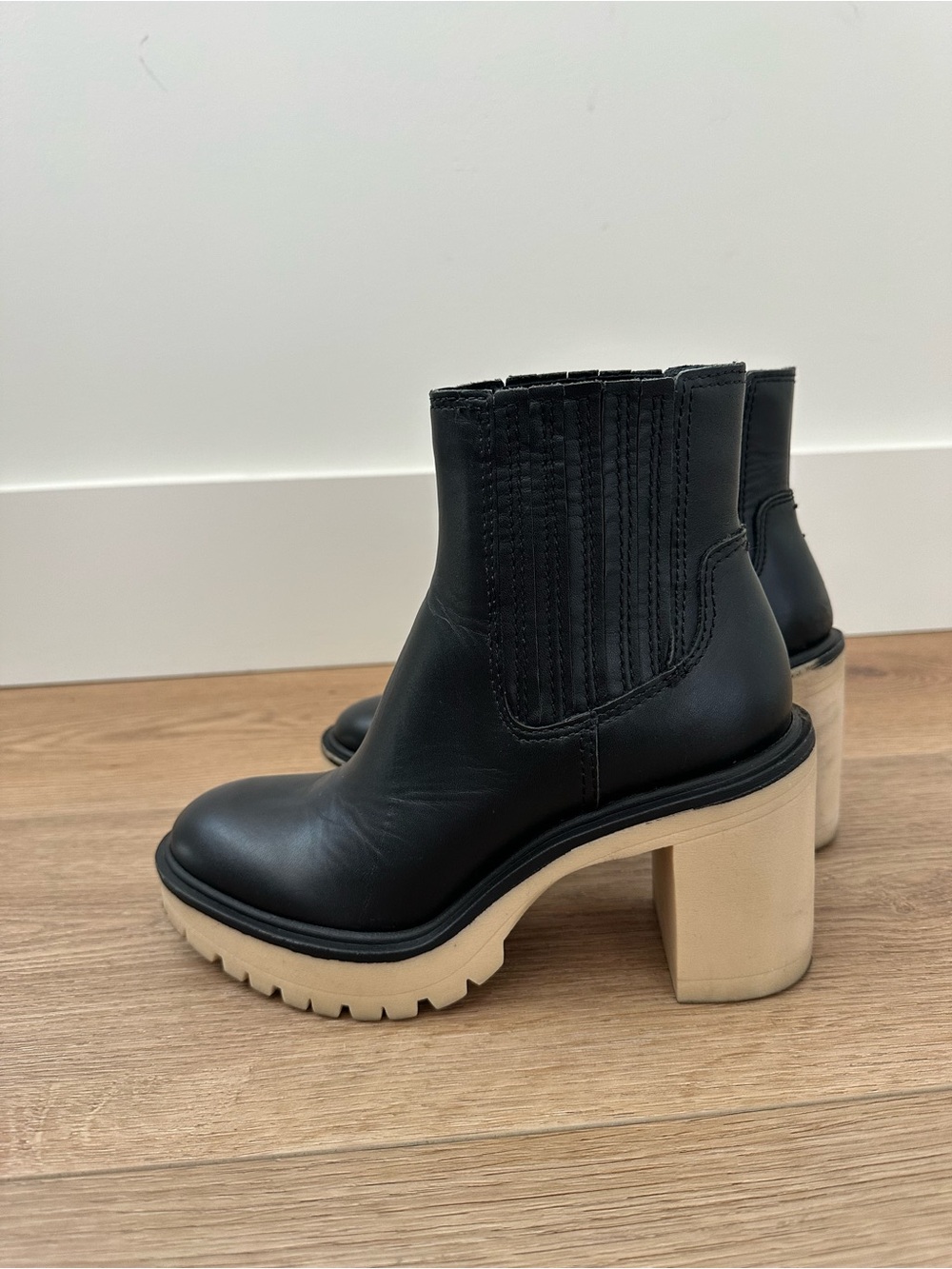 Dolce Vita Black Leather Ankle Boots with Cream Block Heel